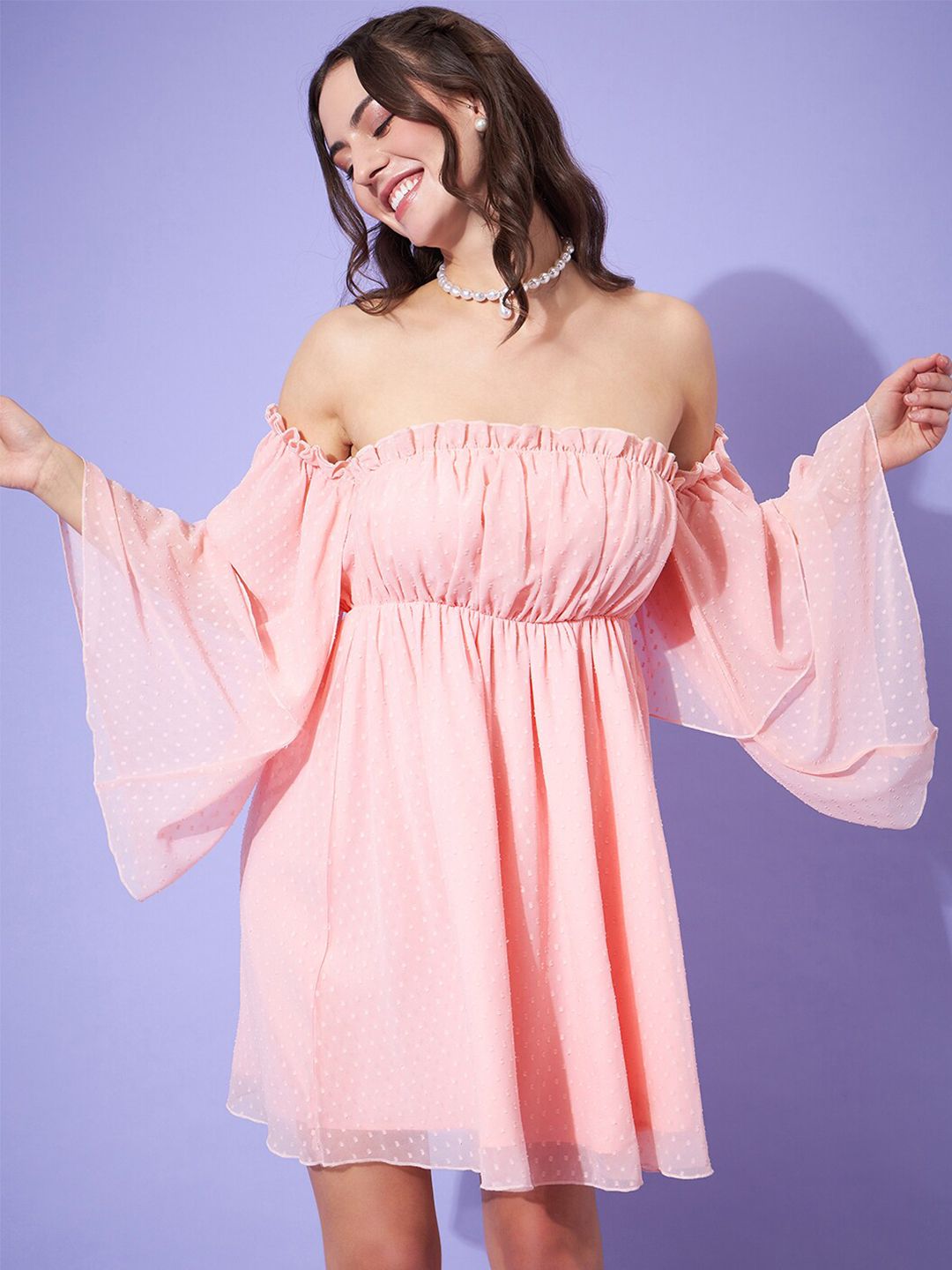 Berrylush Self Design Off-Shoulder Ruffled A-Line Dress