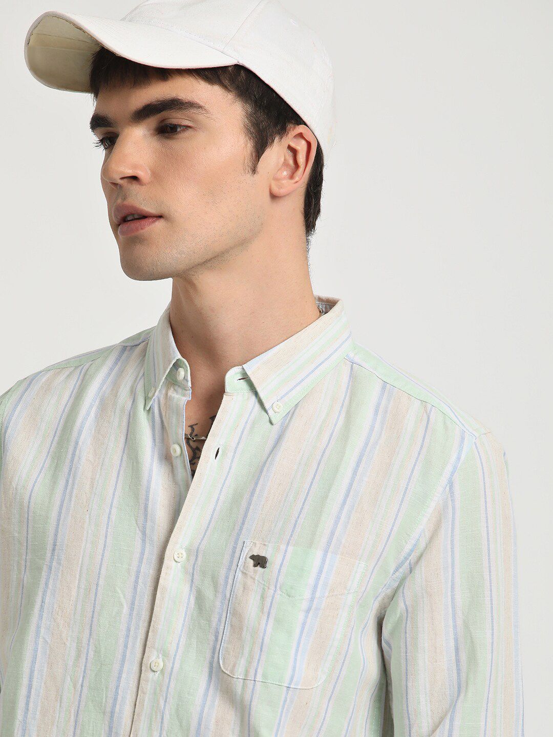 THE BEAR HOUSE Slim Fit Vertical Stripes Button-Down Collar Cotton Casual Shirt