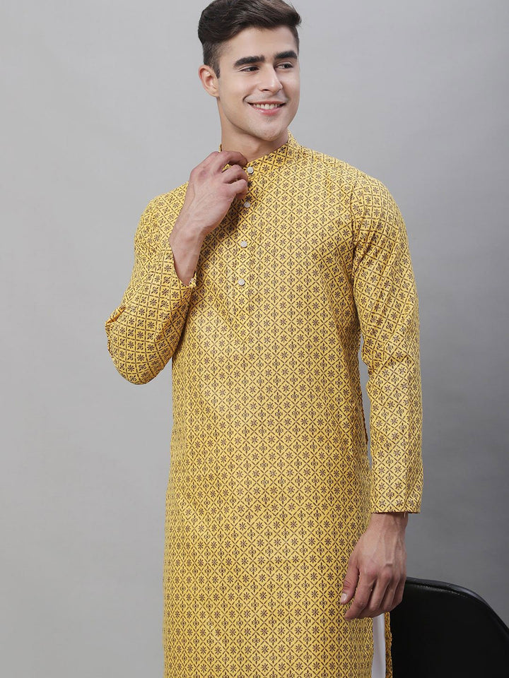 SOJANYA Men Geometric Printed Cotton Linen Kurta