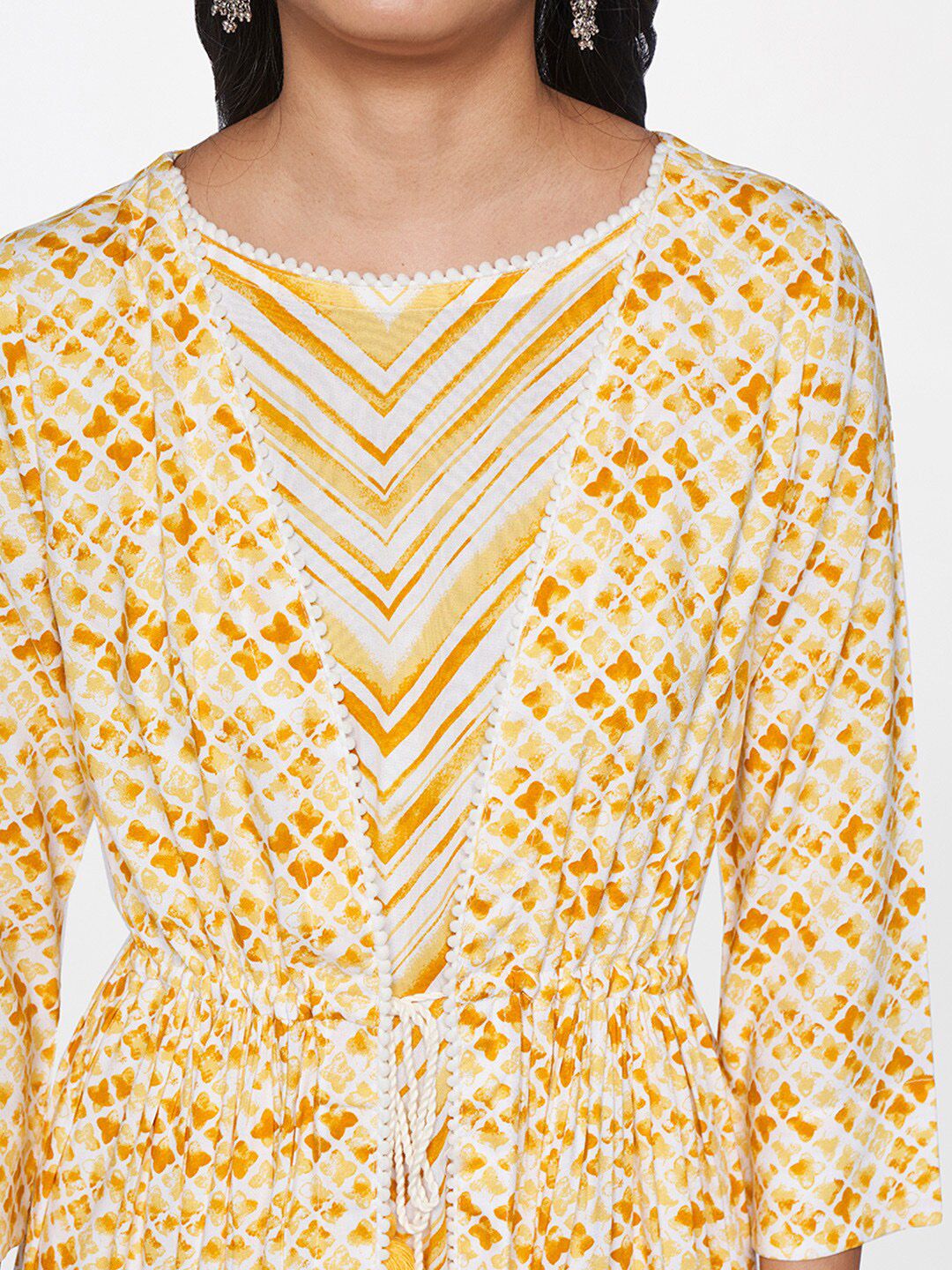 Global Desi Yellow Floral Layered A-Line Midi Dress