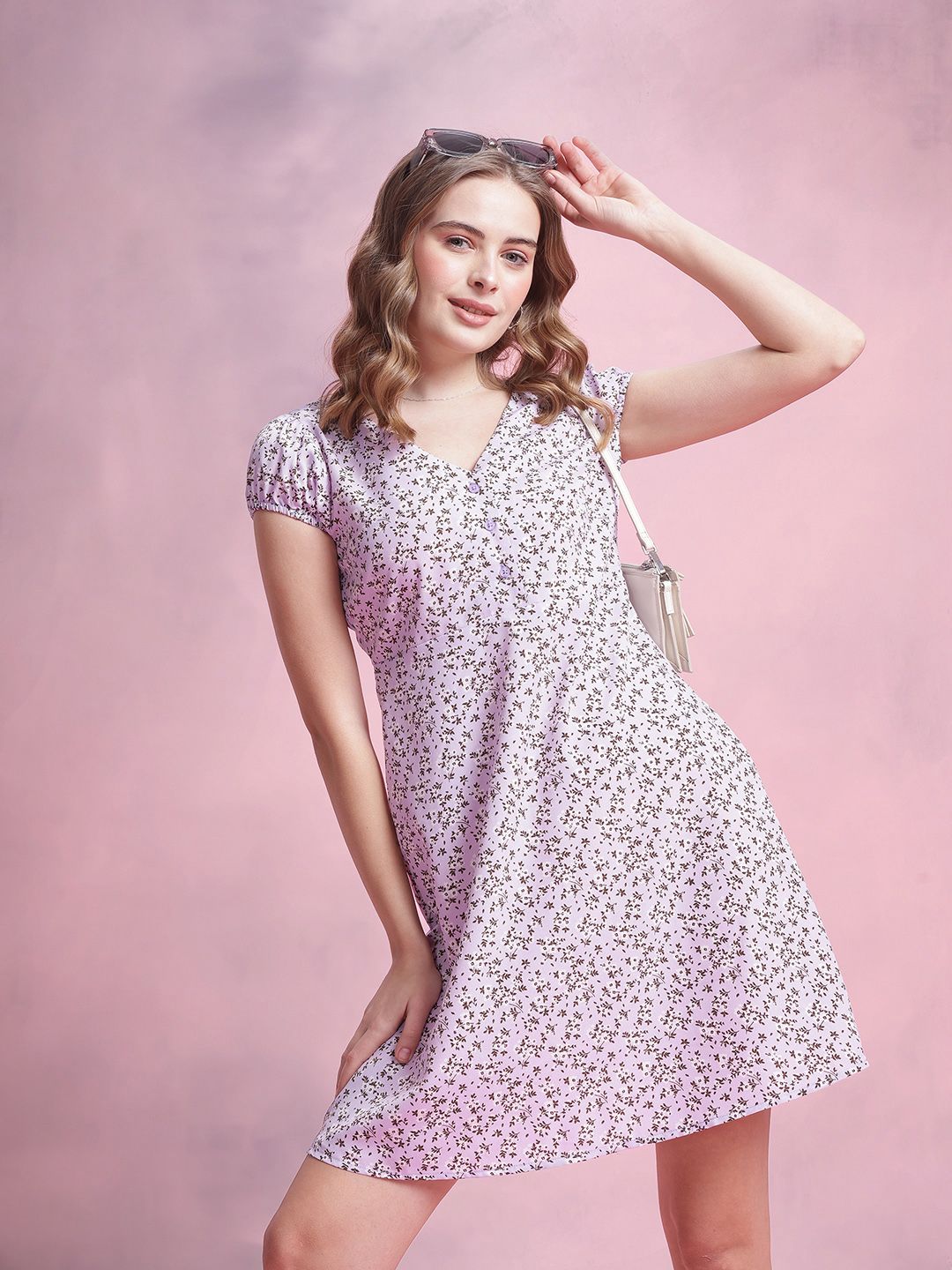 DressBerry Floral Print Puff Sleeve A-Line Mini Dress