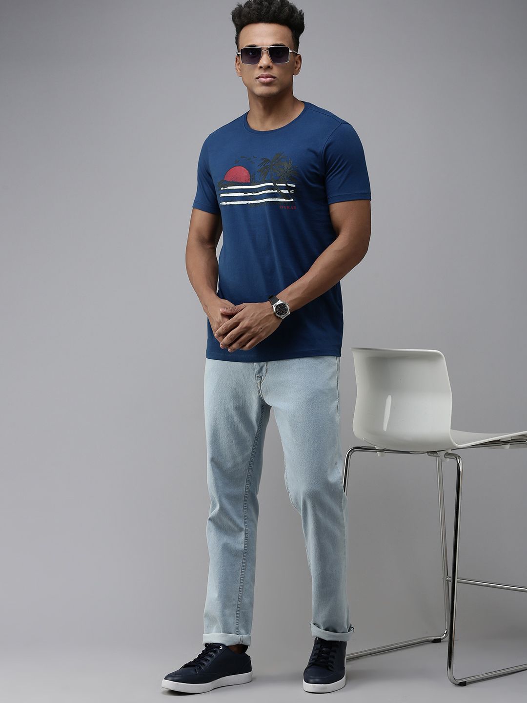 SPYKAR Graphic Print Round Neck Knitted Pure Cotton Slim Fit T-shirt