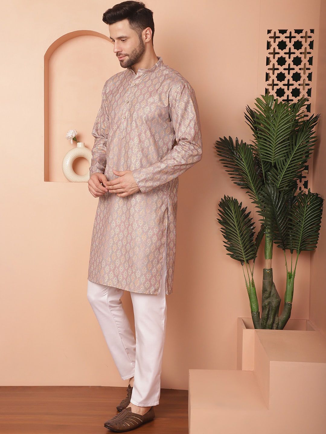 Jompers Floral Foil Printed Mandarin Collar Straight Kurta With Pajamas