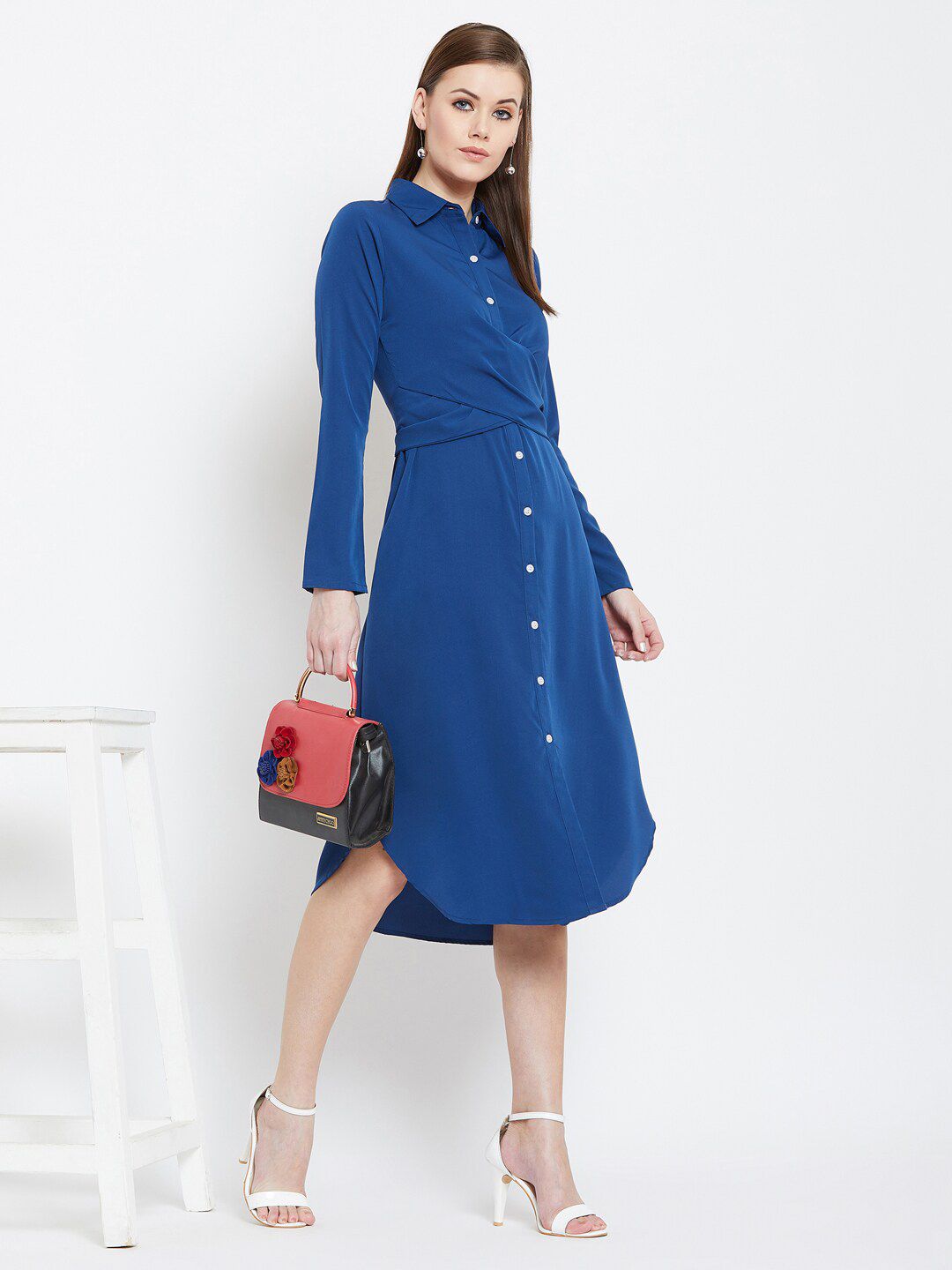 Berrylush Blue Layered Crepe Shirt Midi Dress