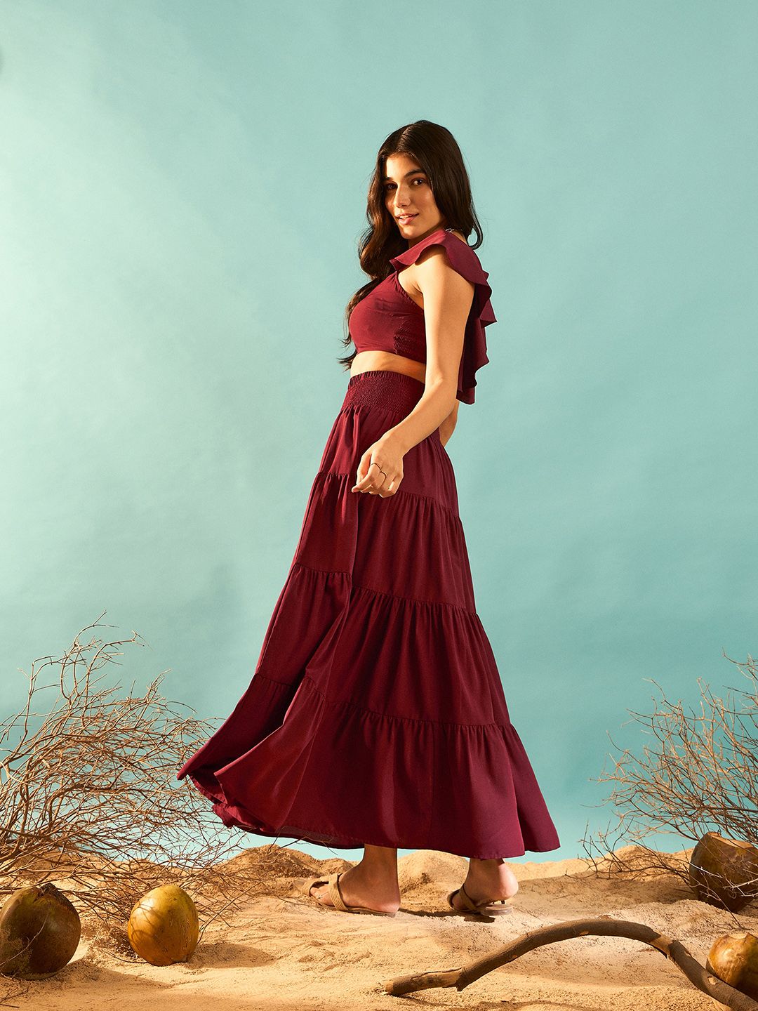 Berrylush Maroon Square Neck Top With Skirt