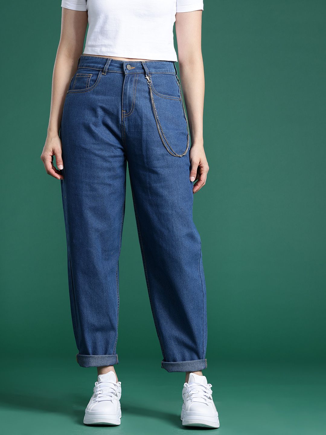 DressBerry Women High-Rise Stretchable Slouchy Fit Jeans with Detachable Chain