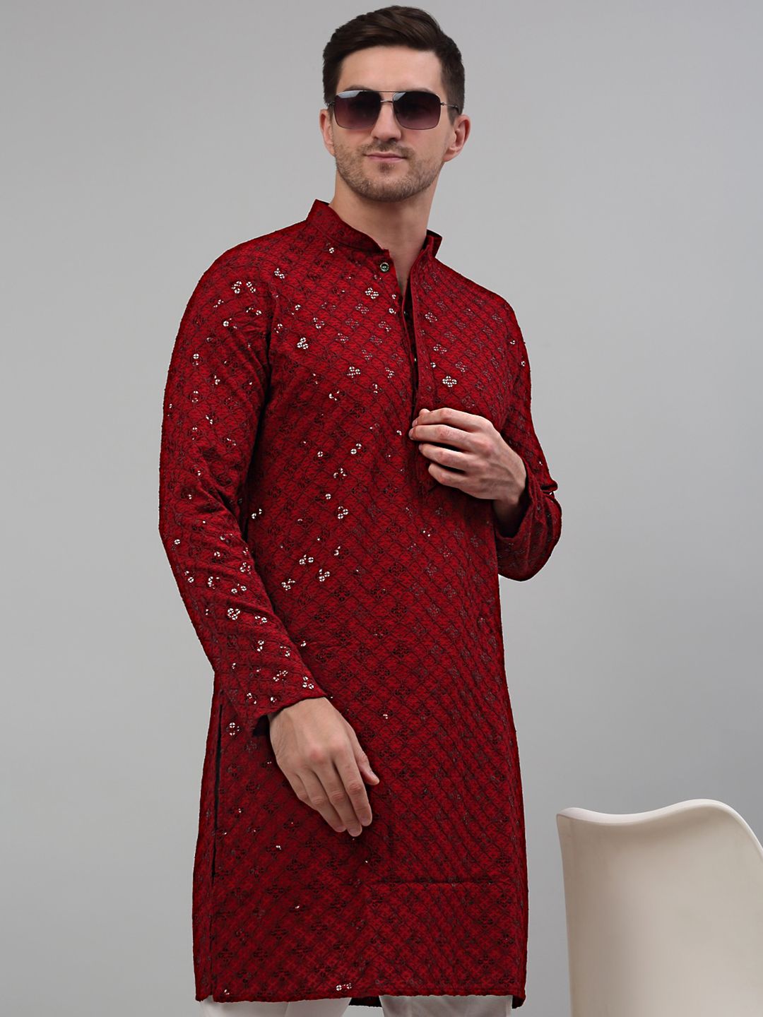Jompers Mandarin Collar Embroidered Chikankari Straight Kurta With Pyjamas