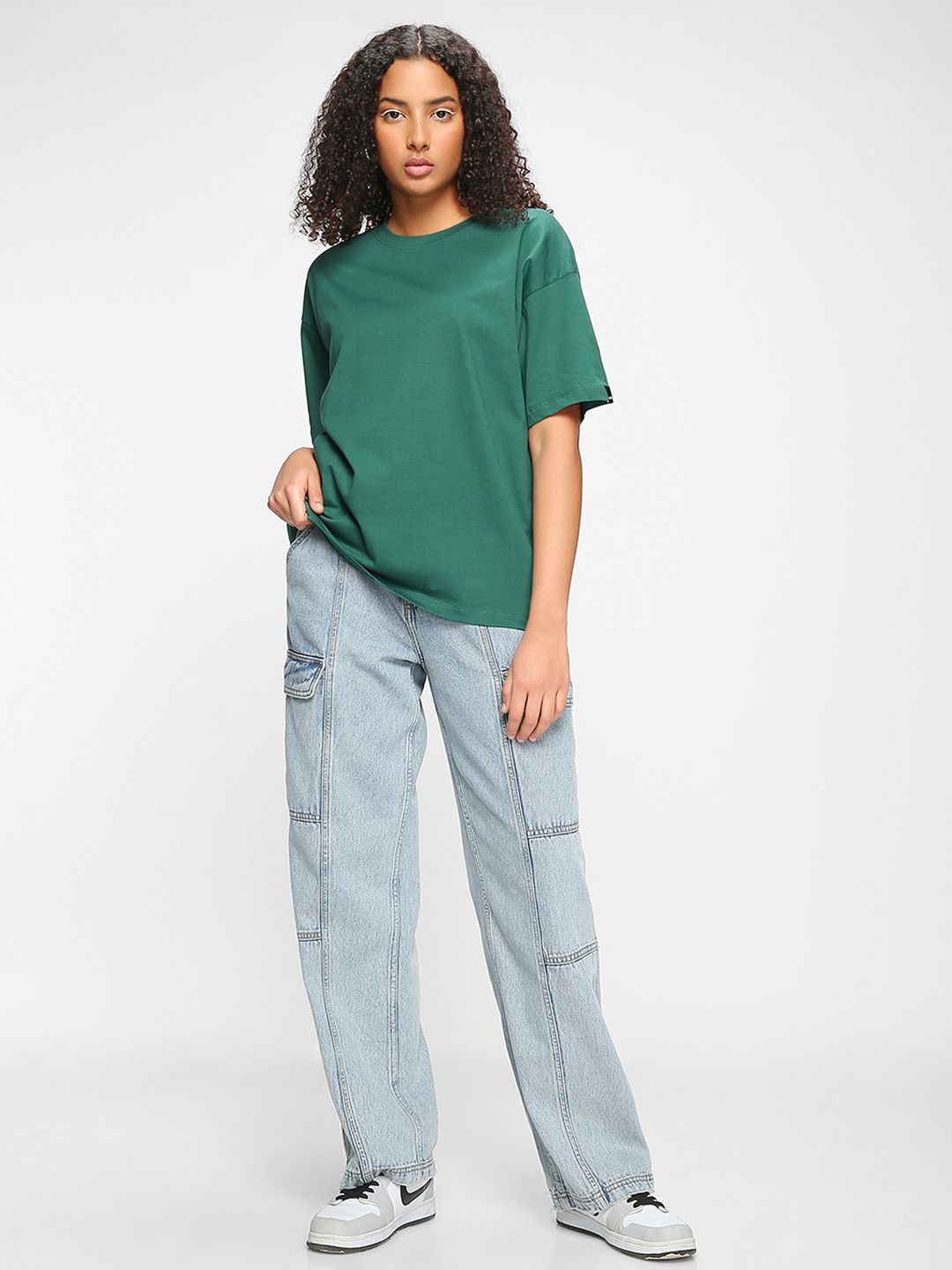 Bewakoof Women Green Drop-Shoulder Sleeves Cotton Oversized T-shirt