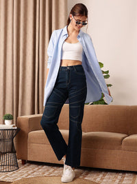 STREET 9 Blue Comfort Spread Collar Cotton Longline Oversized Casual Shirt
