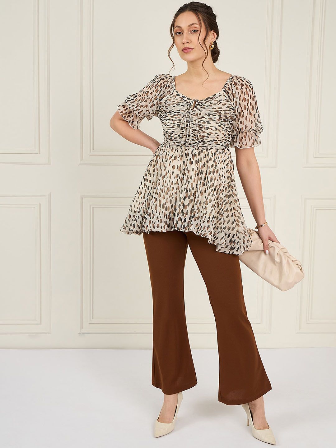 Antheaa Off White Polka Dots Printed Puff Sleeves Tie Up Top &Trouser