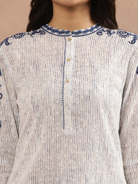 W Striped Thread Work Mandarin Collar Pure Cotton Kurta with Trousers