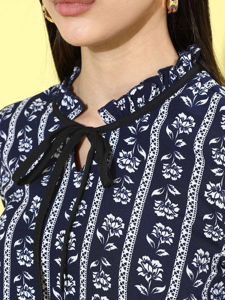 DressBerry Women Deep Navy Blue Romantic Florals Top