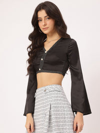 DressBerry Retro Bell Sleeves Embroidered Trims Satin-Finish Crop Top