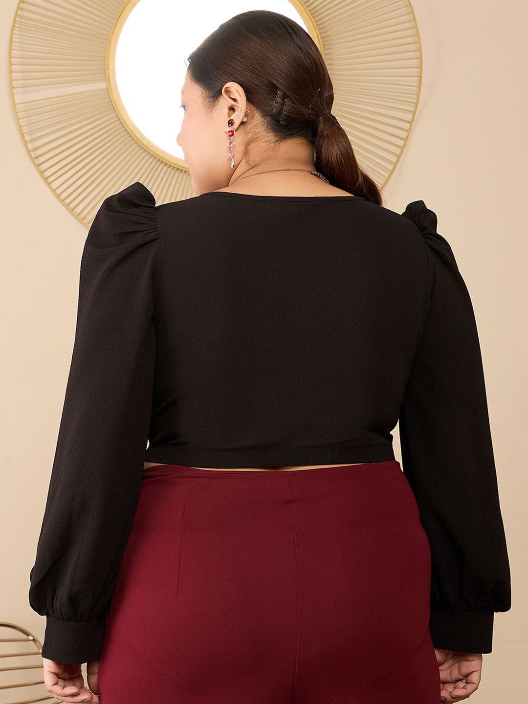 Berrylush Curve Sweetheart Neck Bishop Sleeves Plus Size Crop Top