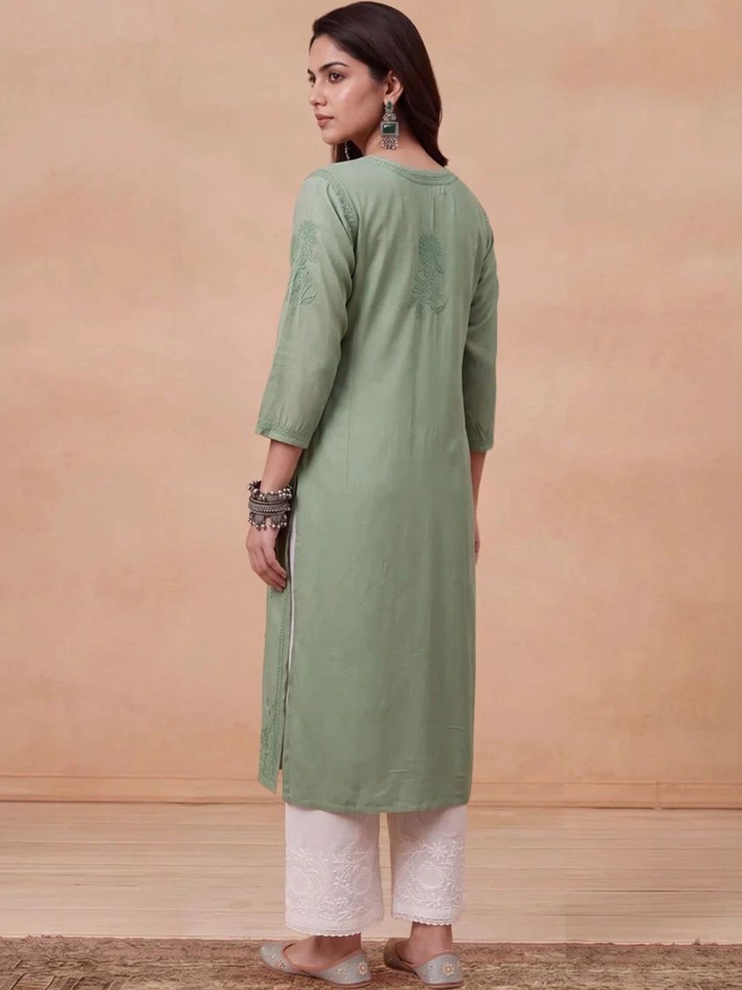 Rumah Wanita Chikankari Motif Etnik Sulam Benang Kerja Kurta