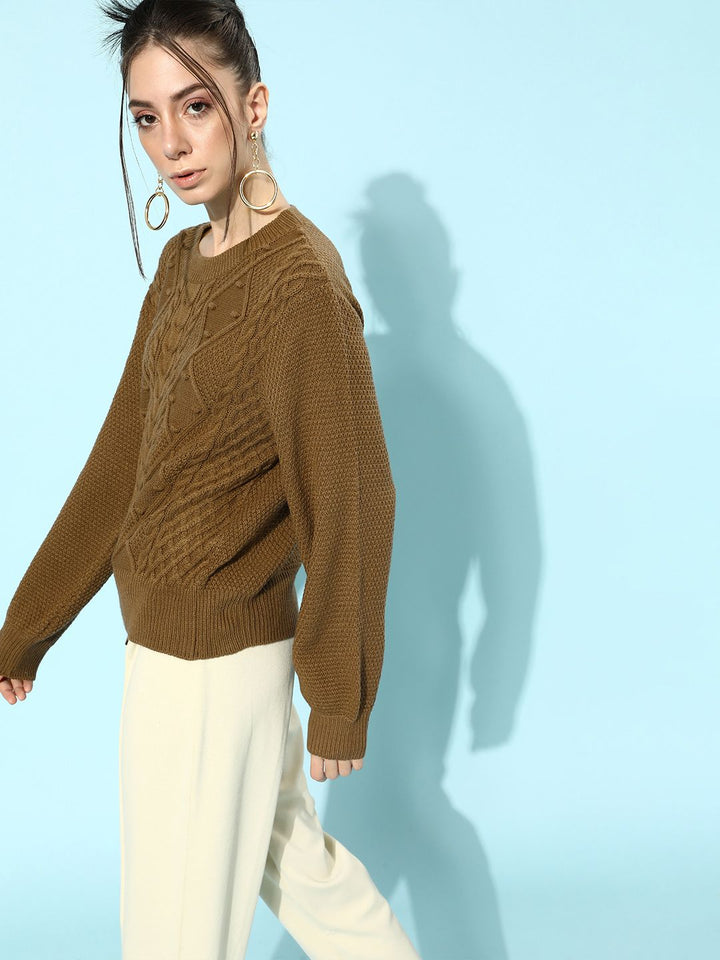STREET 9 Women Brown Cable Knit Acrylic Pullover