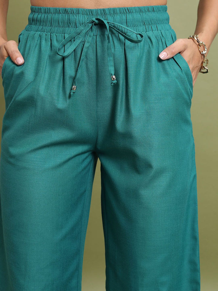 Tokyo Talkies Teal Green Shoulder Strap Crop Top With Trouser & Shirt