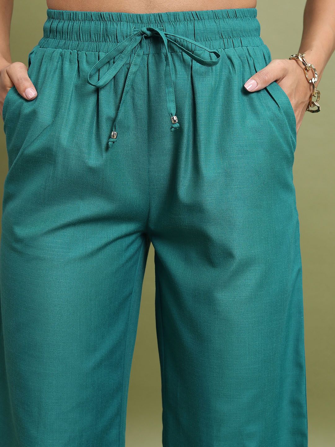 Tokyo Talkies Teal Green Shoulder Strap Crop Top With Trouser & Shirt