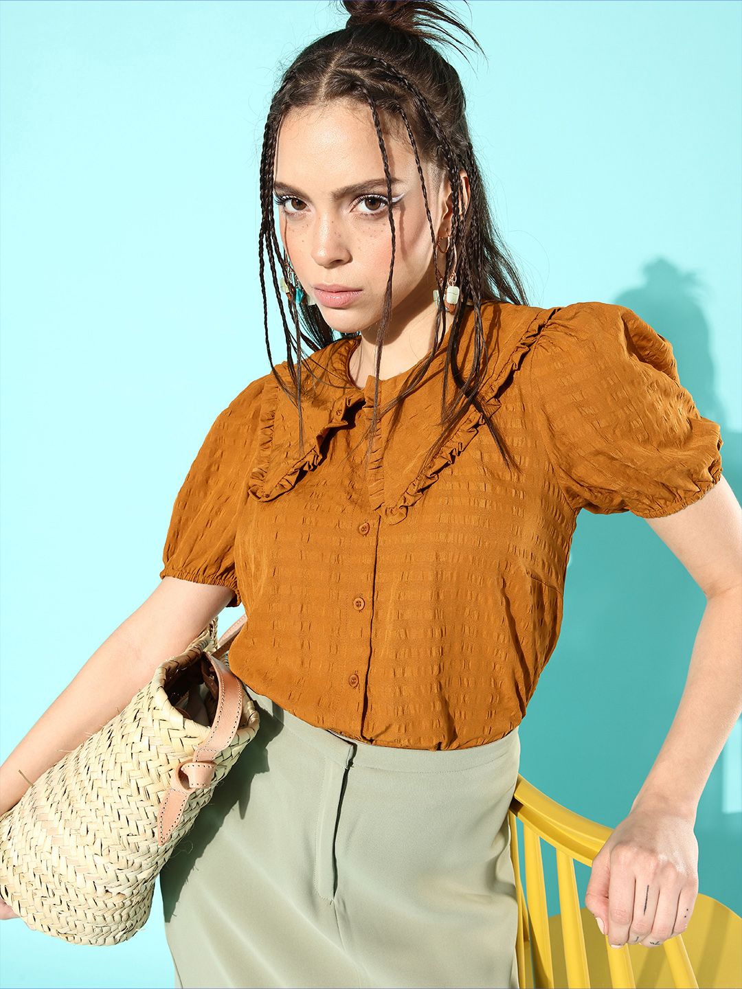 DressBerry Women Chic Brown Textured Statement Collar Shirt