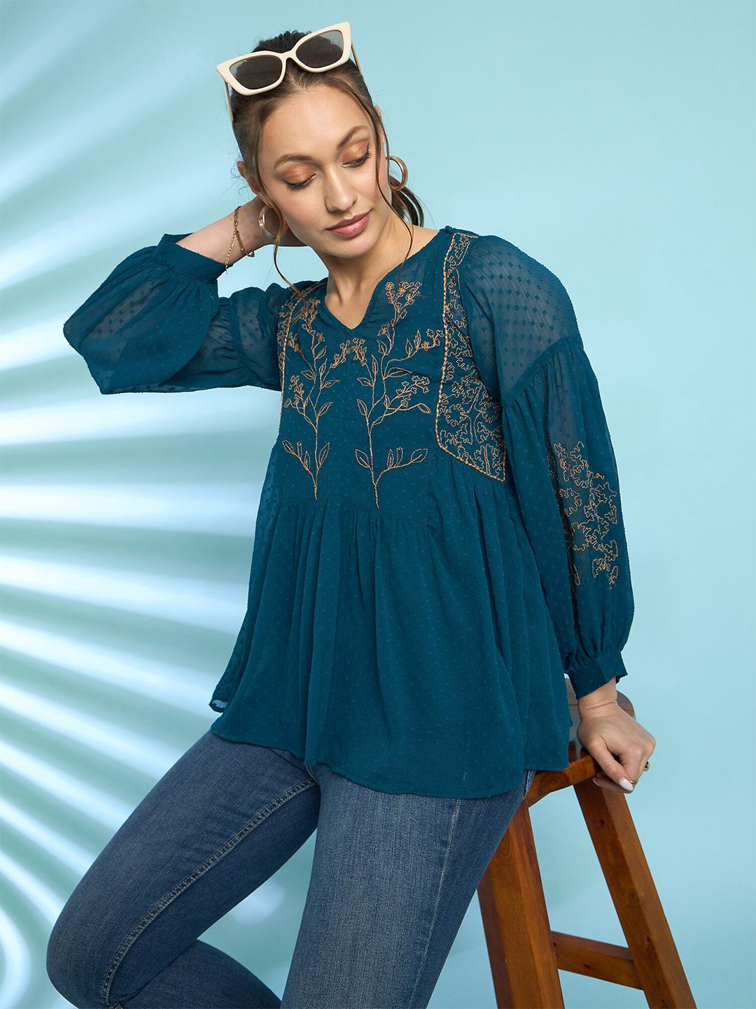 Antheaa Embroidered Bell Sleeve Chiffon Top