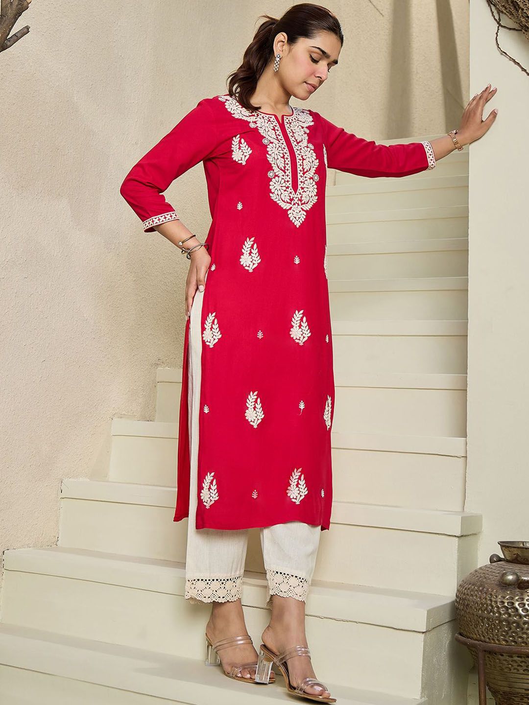 Indo Era Floral Embroidered Notch Neck Kurta