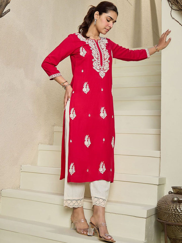 Indo Era Floral Embroidered Notch Neck Kurta