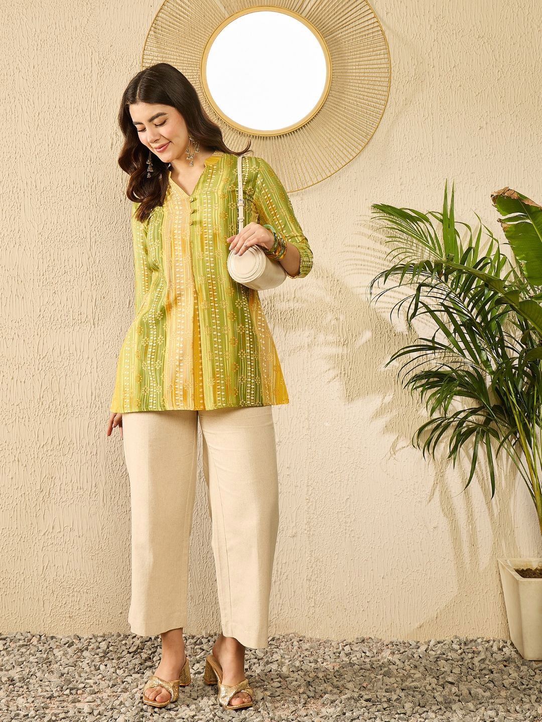 KALINI Floral Print Mandarin Collar A-Line Top