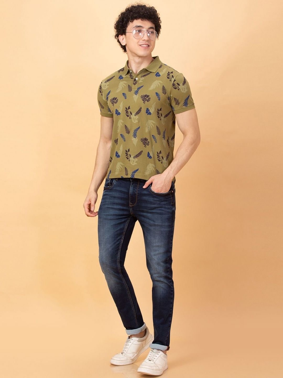 Being Human Men Floral Printed Polo Collar Applique T-shirt
