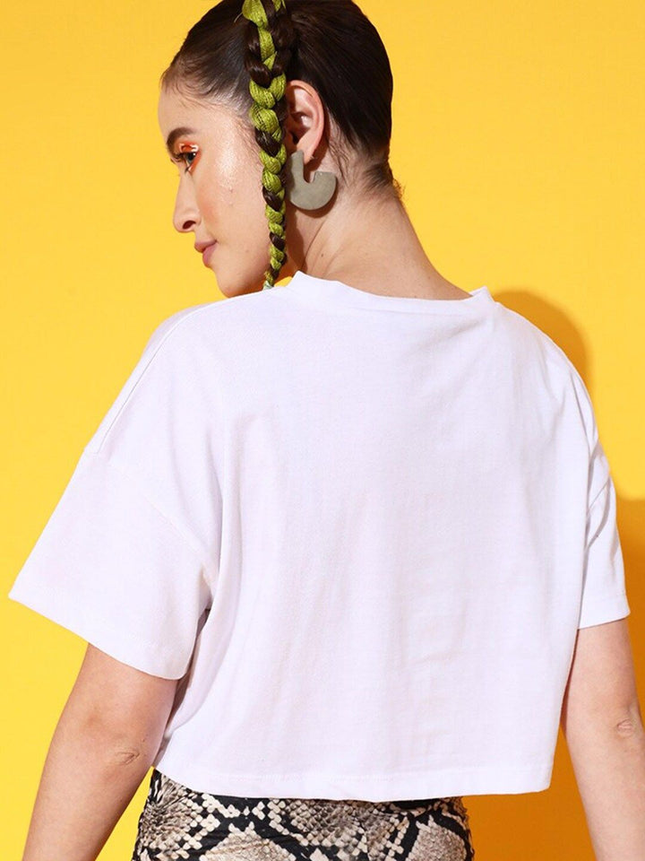 STREET 9 Women White Printed Cotton Drop-Shoulder Sleeves Bio Finish T-shirt