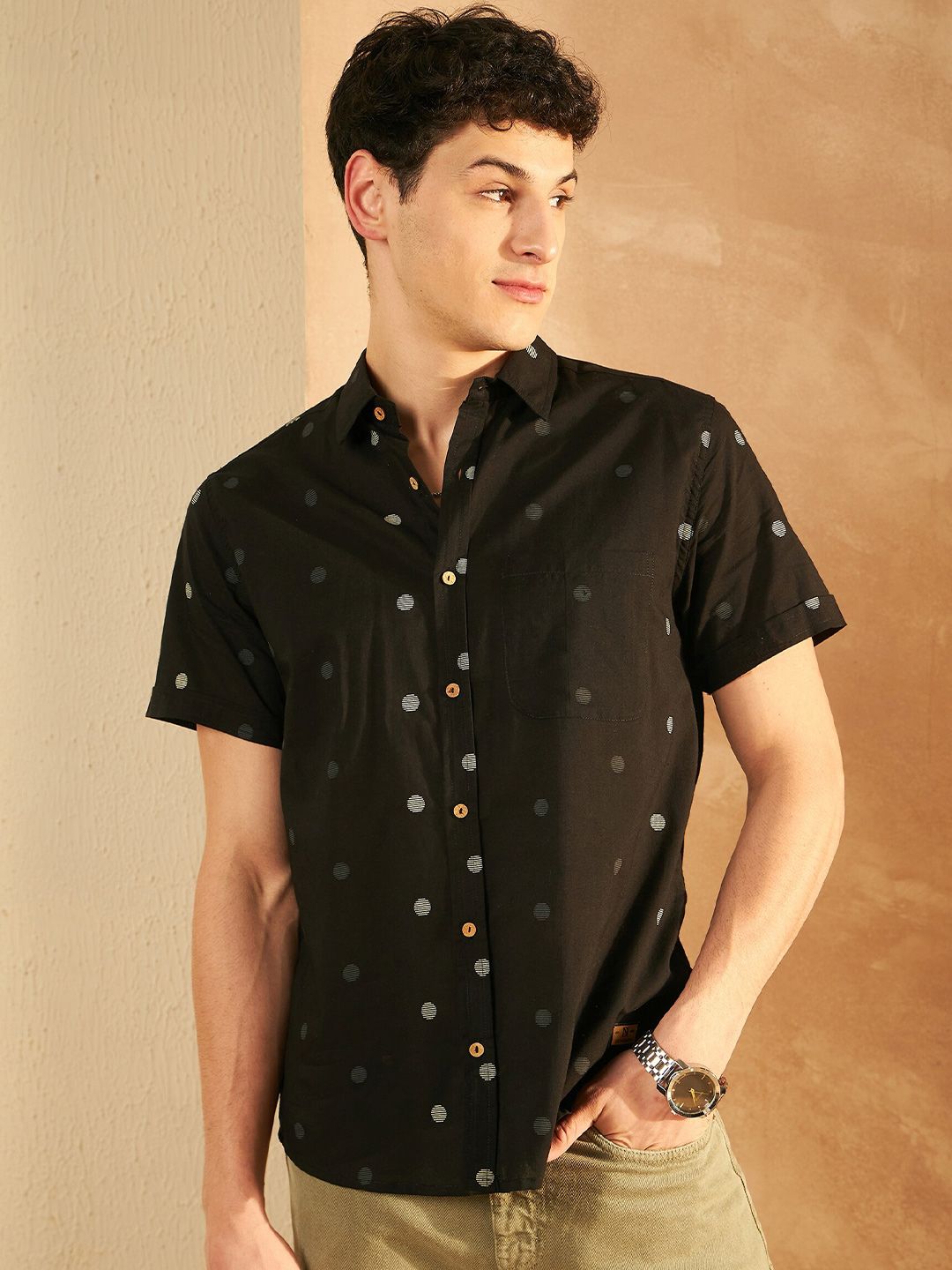 DENNISON Smart Polka Dot Printed Spread Collar Cotton Oversized Lightweight Shirt
