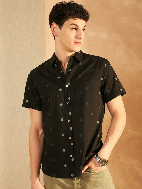 DENNISON Smart Polka Dot Printed Spread Collar Pure Cotton Oversized Lightweight Shirt