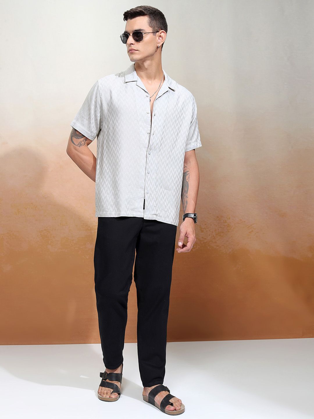 HIGHLANDER Men Dobby Textured Solid Cuban Collar Relaxed Shirt