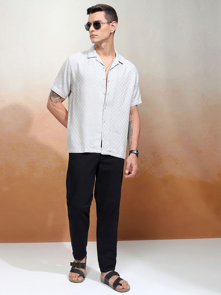 HIGHLANDER Men Dobby Textured Solid Cuban Collar Relaxed Shirt