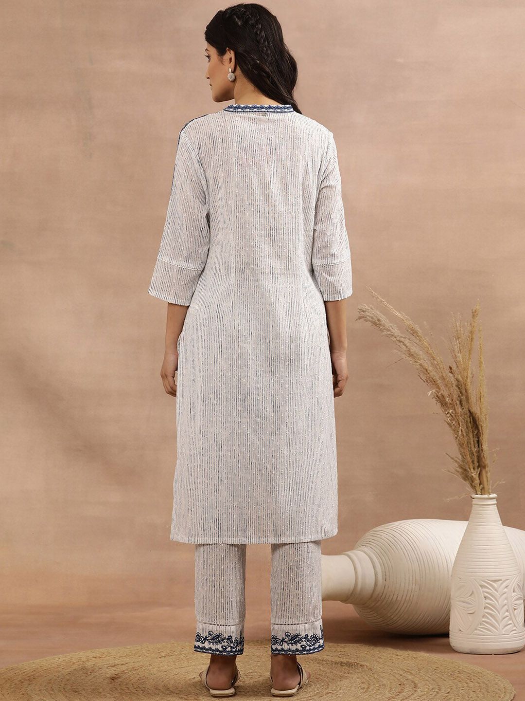 W Striped Thread Work Mandarin Collar Pure Cotton Kurta with Trousers