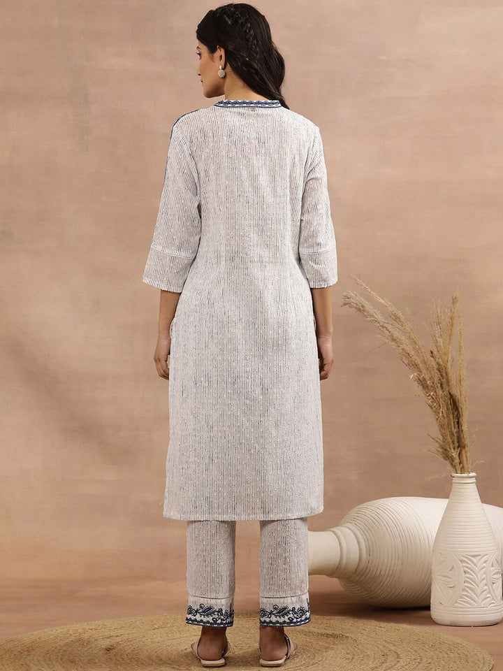 W Striped Thread Work Mandarin Collar Pure Cotton Kurta with Trousers
