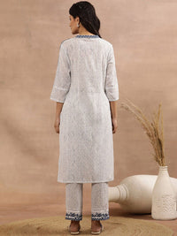 W Striped Thread Work Mandarin Collar Pure Cotton Kurta with Trousers