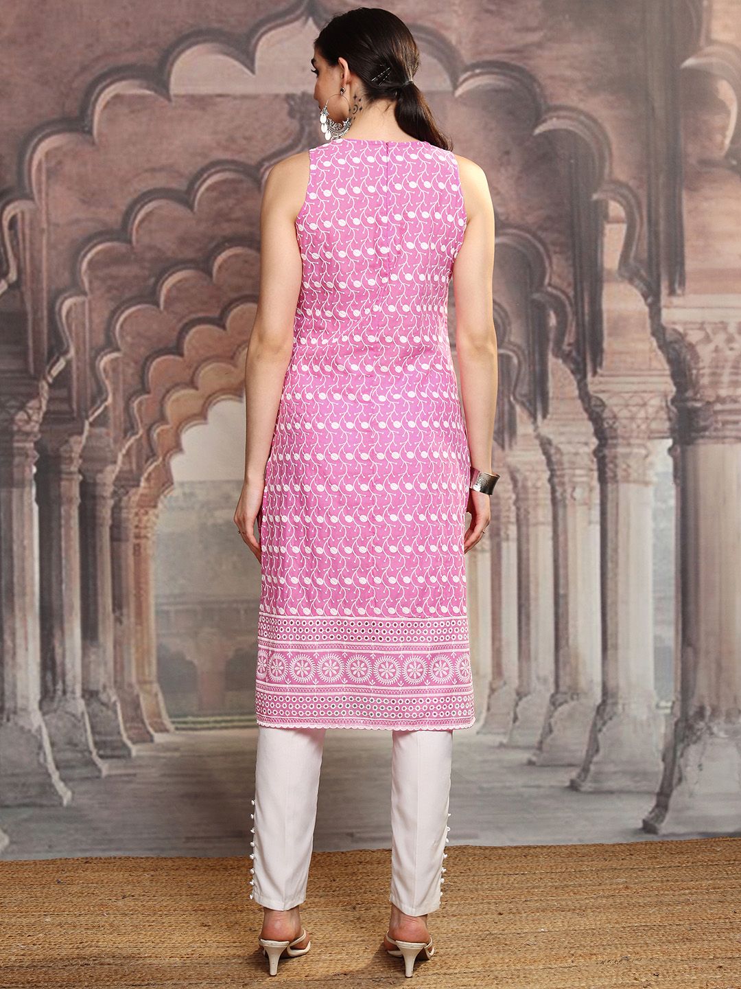 Vishudh Pink Floral Embroidered Round Neck Sleeveless Schiffli Work Straight Kurta