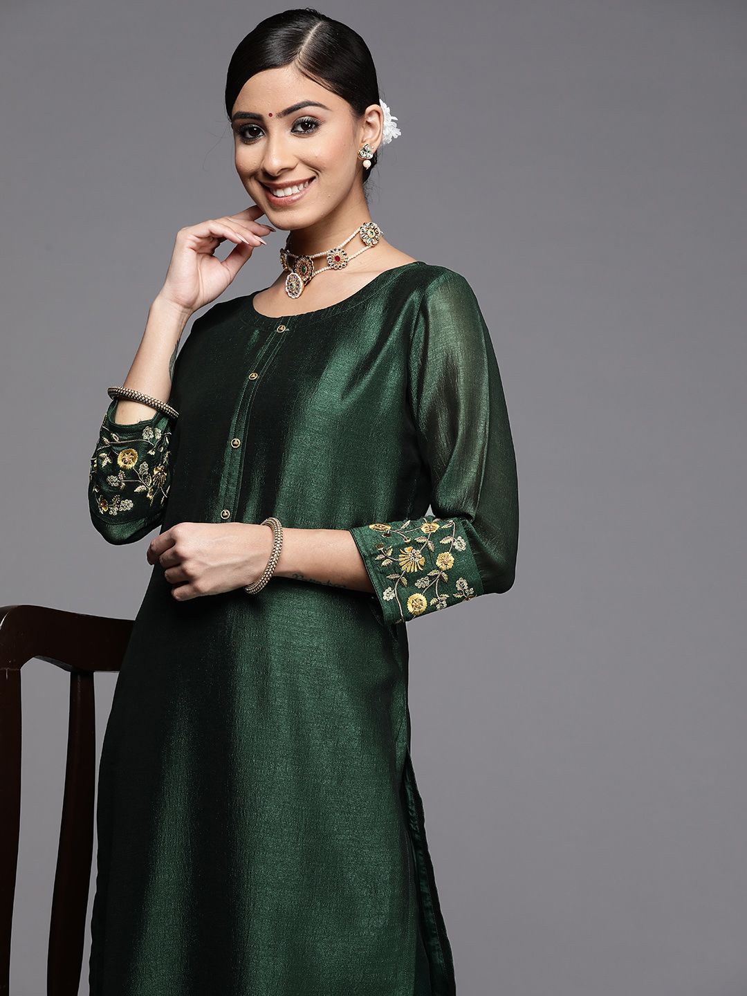 Libas Women Green Thread Work Kurta