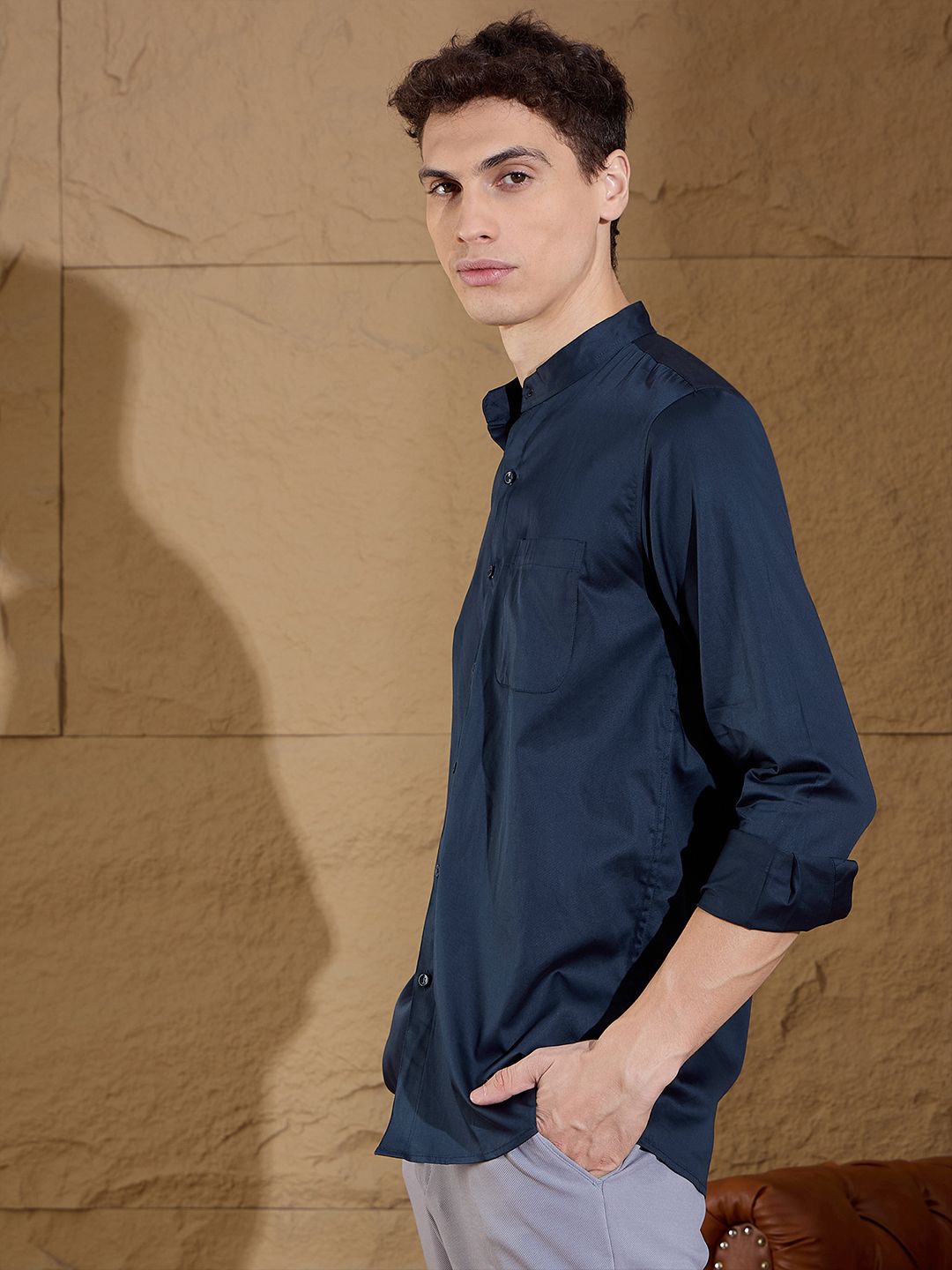 DENNISON Men Smart Mandarin Collar Solid Cotton Casual Shirt