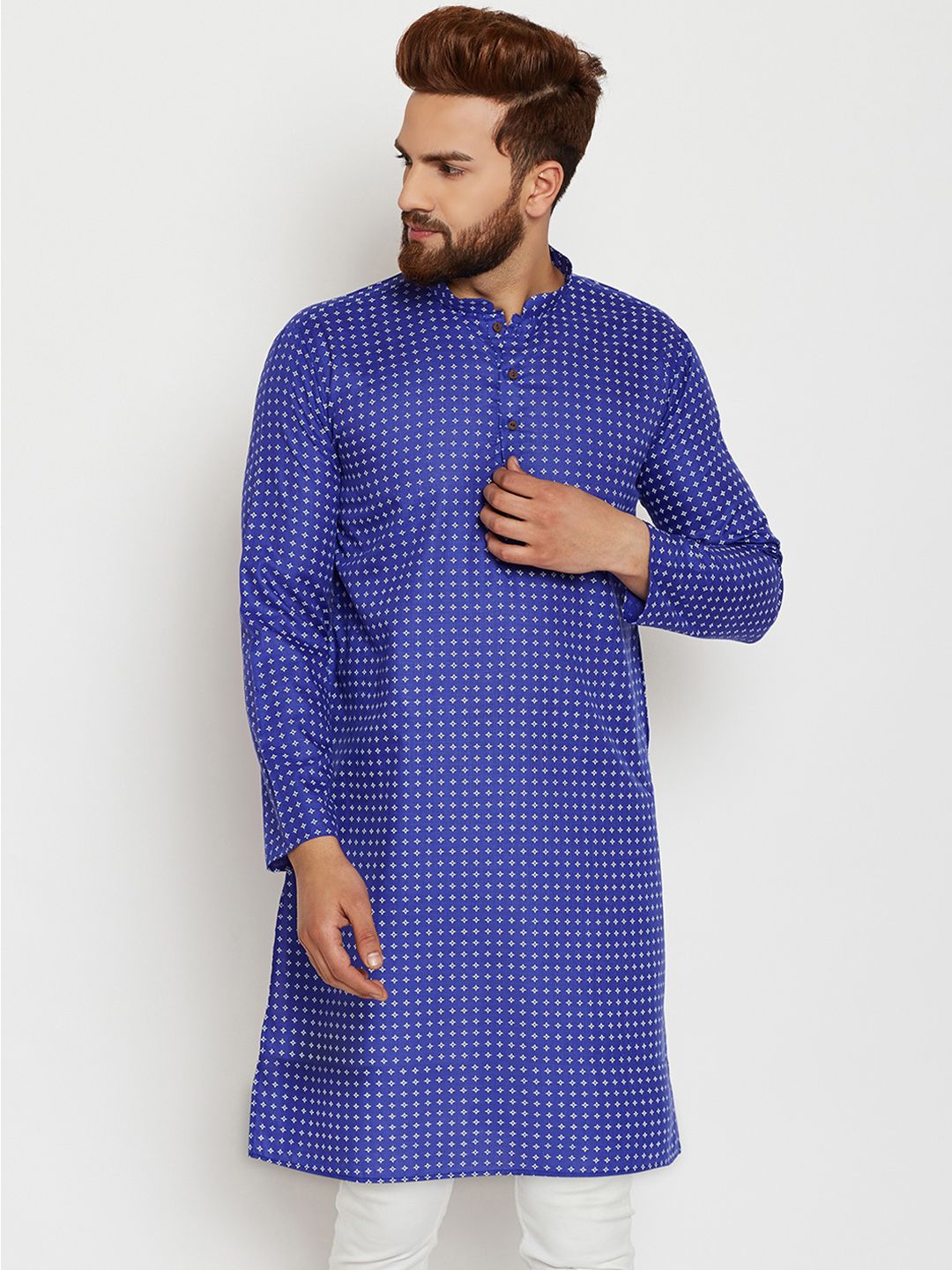 SOJANYA Kurta Lurus Bercetak Biru & Putih Lelaki