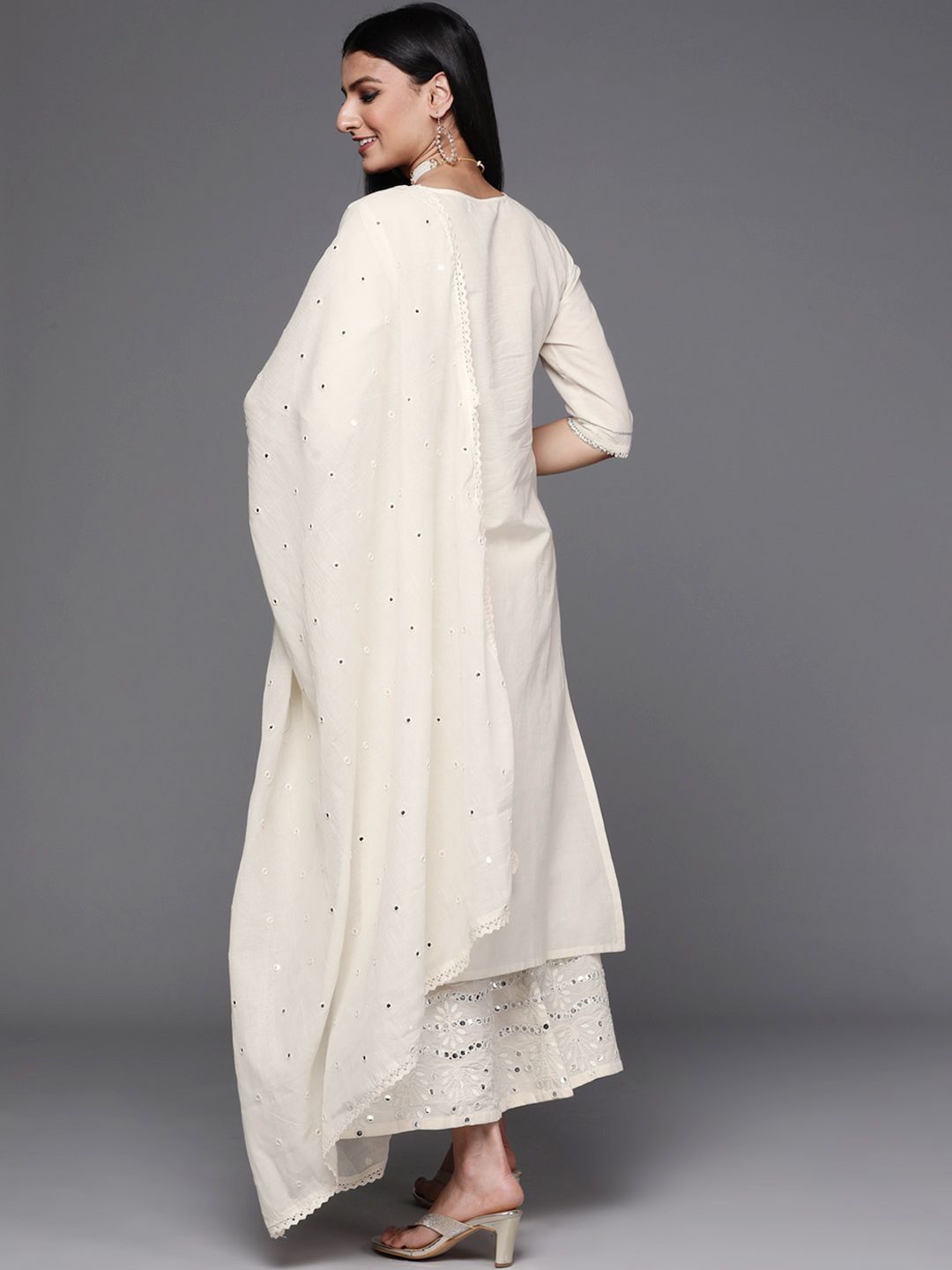 Libas Women Off White  Floral Mirror detail Cotton Straight Kurta & Palazzos with Dupatta