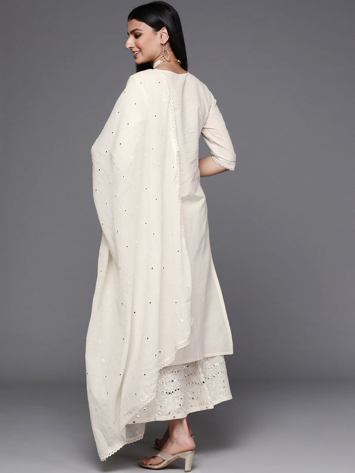 Libas Women Off White  Floral Mirror detail Cotton Straight Kurta & Palazzos with Dupatta