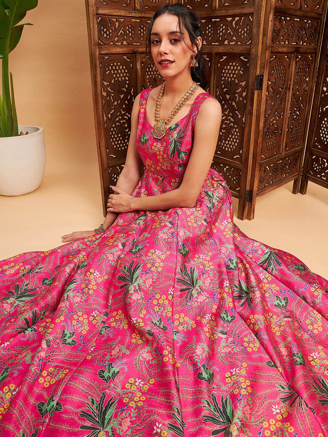 Shae by SASSAFRAS Pink & Green Floral Printed Pleated Anarkali Kurta