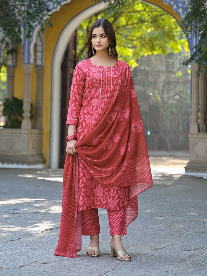 KALINI Floral Printed Notch Neck Gotta Patti Straight Kurta With Trousers & Dupatta
