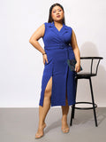 SASSAFRAS Curve Plus Size Shirt Collar Sleeveless Midi Wrap Dress With Belt