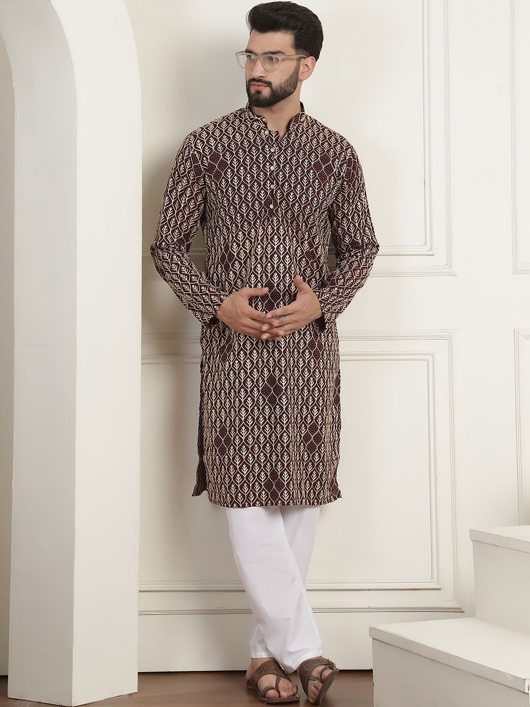 SOJANYA Lelaki Motif Etnik Lengan Berkobar Kurta Kerja Benang