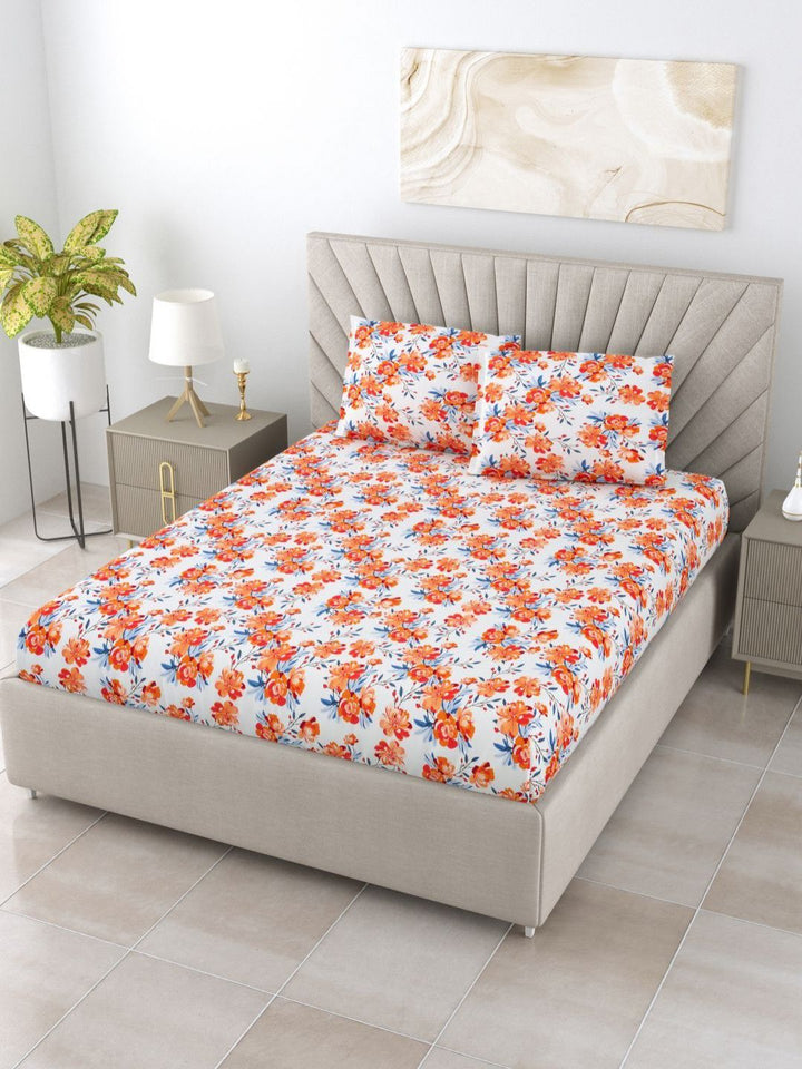 BOMBAY DYEING Florentine White Floral Pure Cotton 144TC Queen Bedsheet Set 2.28 m X 2.54m