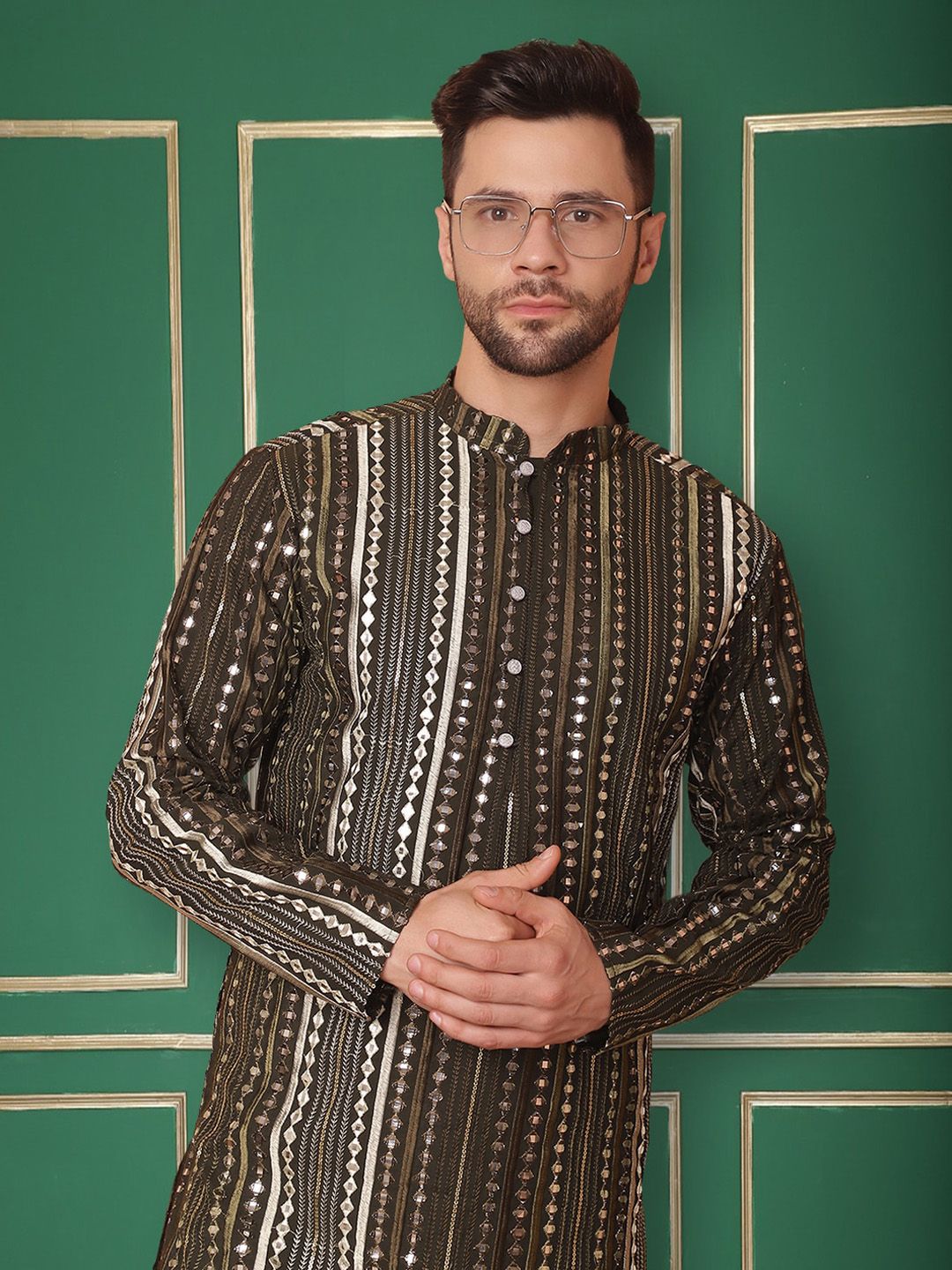 Jompers Striped Mandarin Collar Mirror Work Straight Kurta