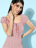 Berrylush Pink Ditsy Floral Print Tie-Up Neck A-Line Dress