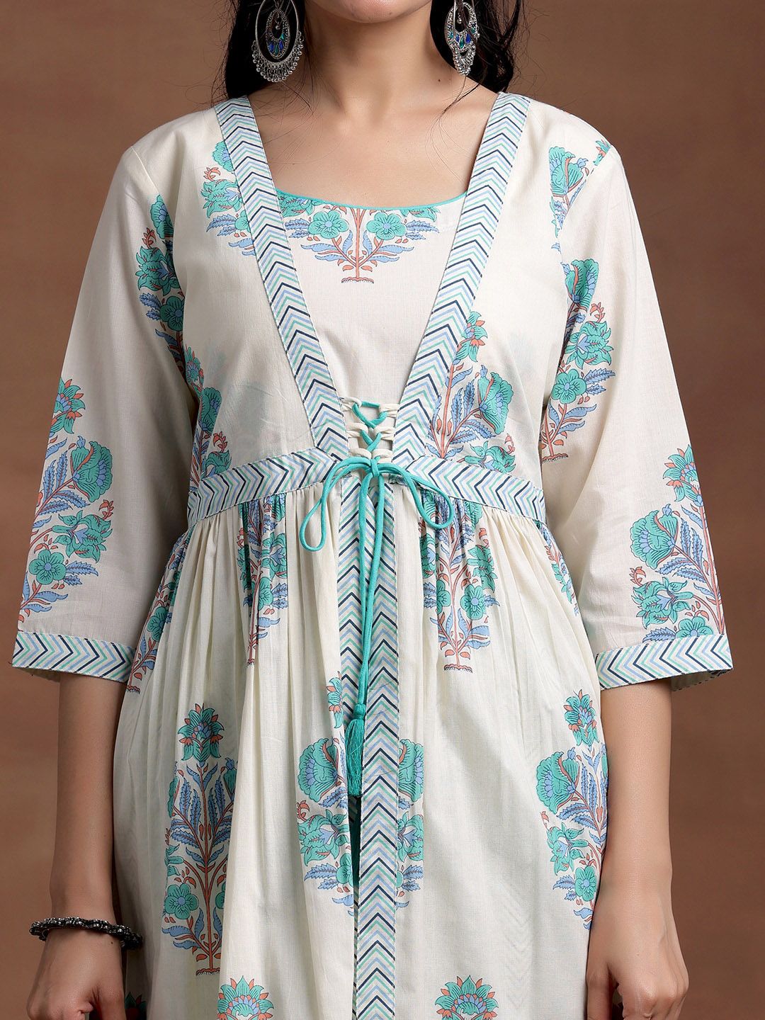 Libas Square Neck Floral Printed Pleated Pure Cotton A Line Kurta with Trouser